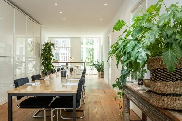 Licht en modern vergaderruimte-interieur aan de Van Baerlestraat met houten vloer, grote planten en een lange tafel met stoelen.